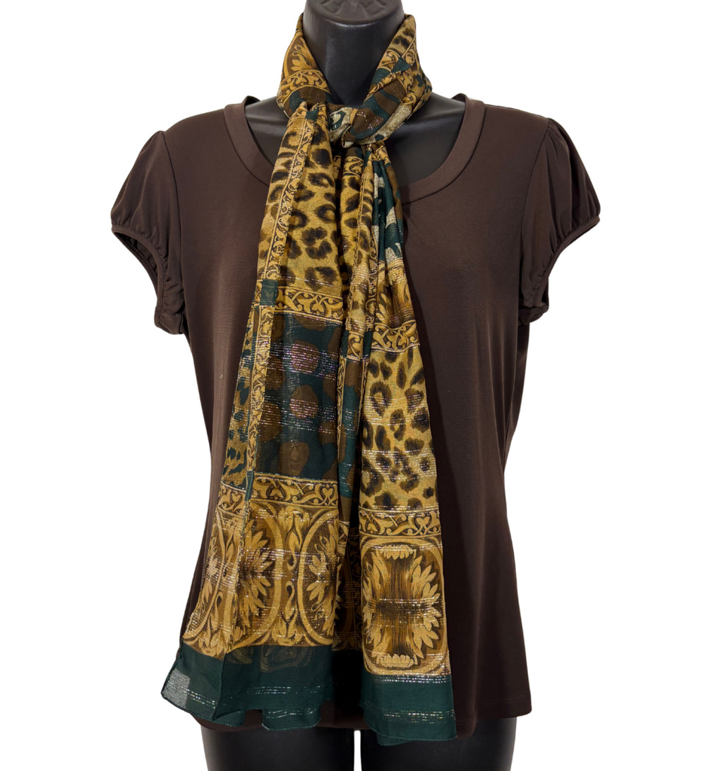 Animal Leopard Print Scarf, Brown Green Sheer Rectangle Retro Metallic